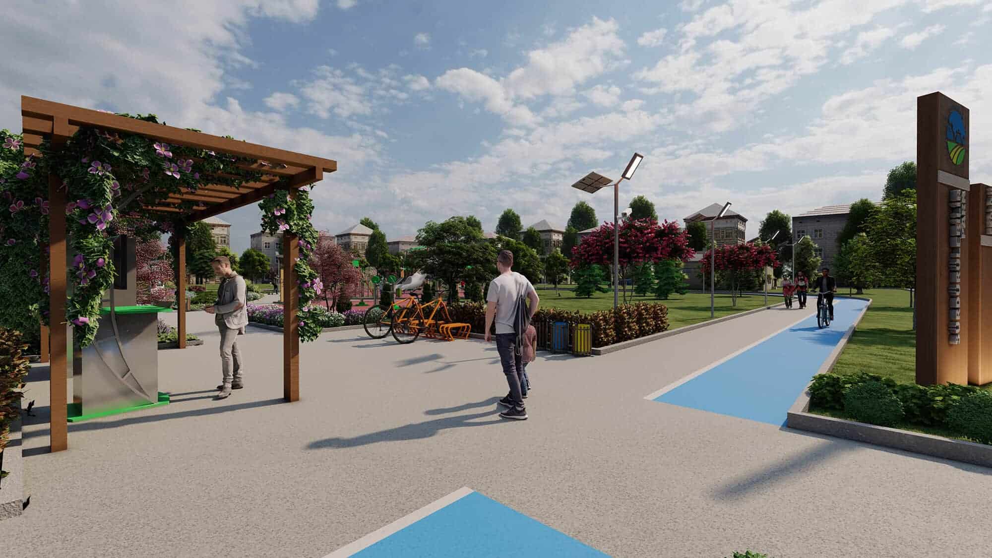 Güvenli ve modern park alanında bisiklet ve yürüyüş yolları, yeşil alanlar ve dinlenme noktaları.