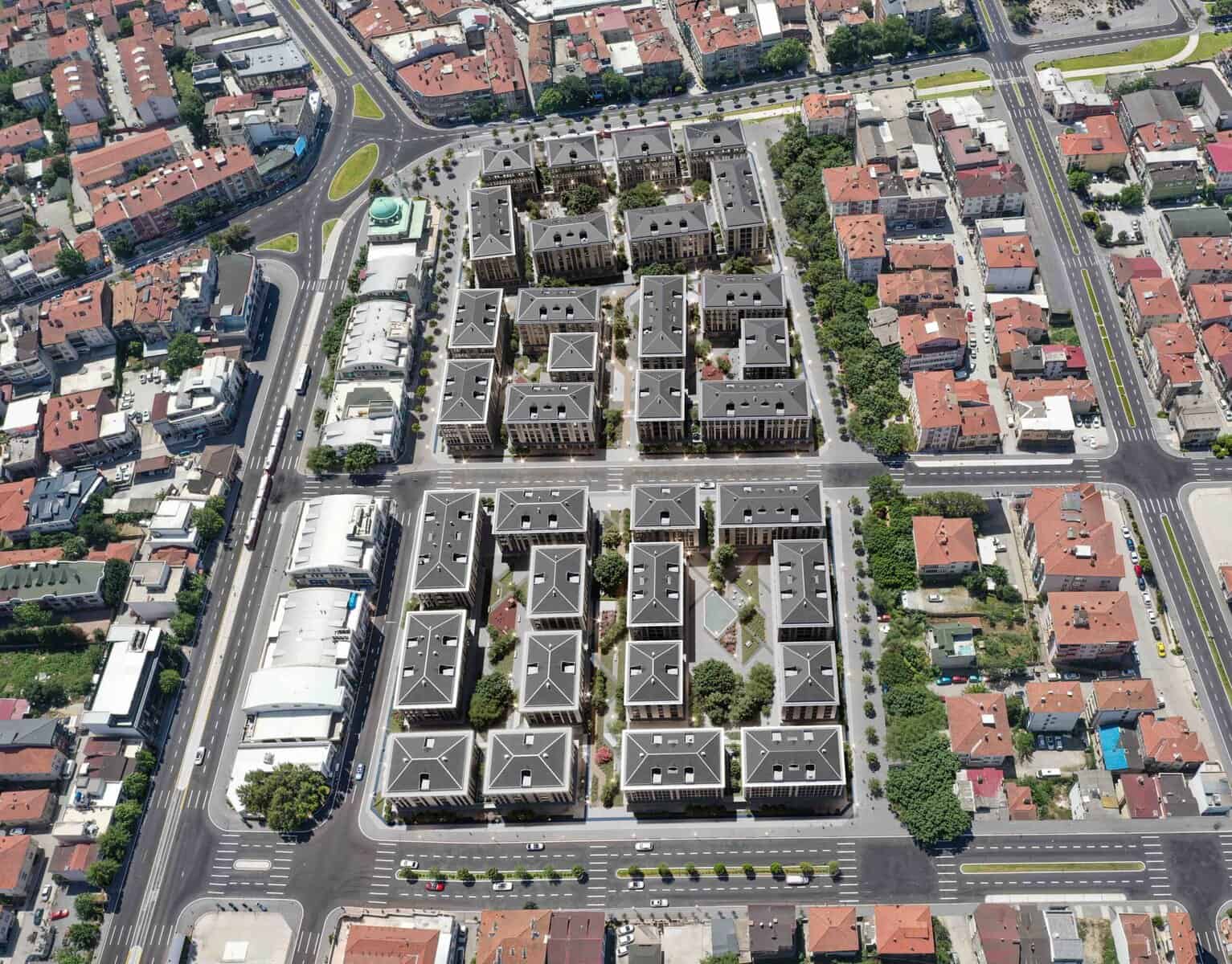 Geniş açık alanlar ve peyzaj düzenlemesiyle tasarlanmış ofis kompleksleri, Basın Merkezi.